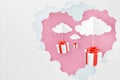 Paper art style of Heart shaped cloud and Gift box dropping from Pink sky background, 3D rendering design.